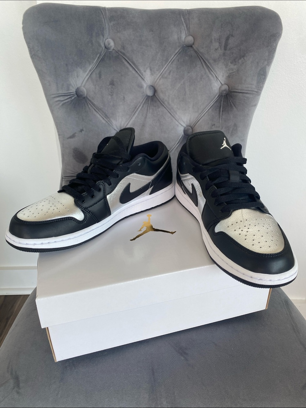 NWT Women’s Jordan 1 Low SE Black and Metallic Silver Low Top Sneakers - Picture 6 of 17